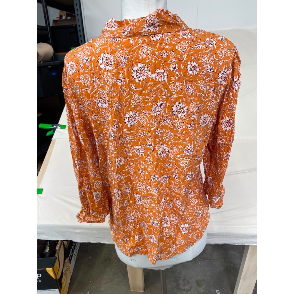 Como Blu Orange Floral Long Sleeve Button Down Blouse Metallic Stripe Womens M